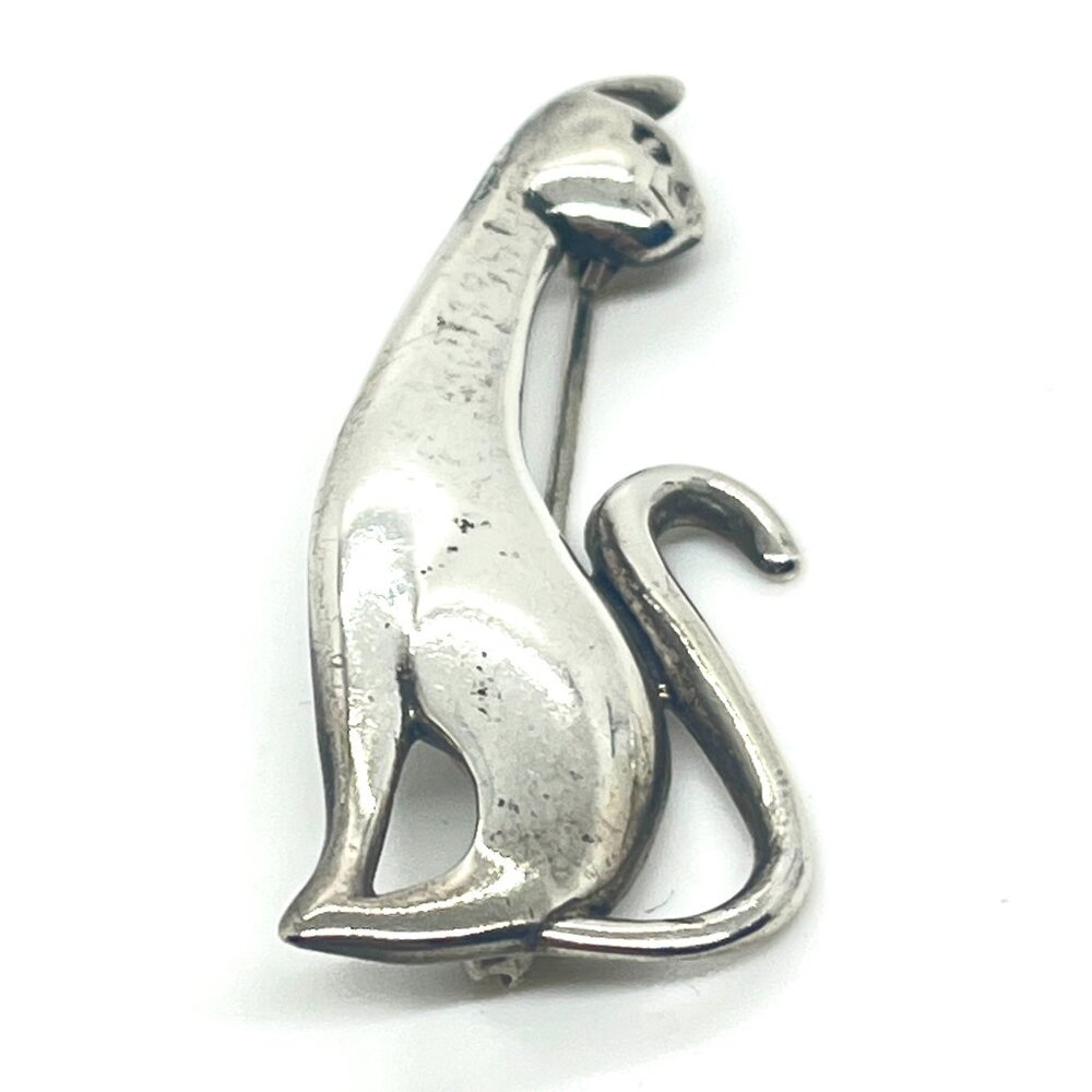 JEAZLAINE 925 STERLING SILVER MODERNIST CAT BROOCH PIN VINTAGE SCULPTURAL